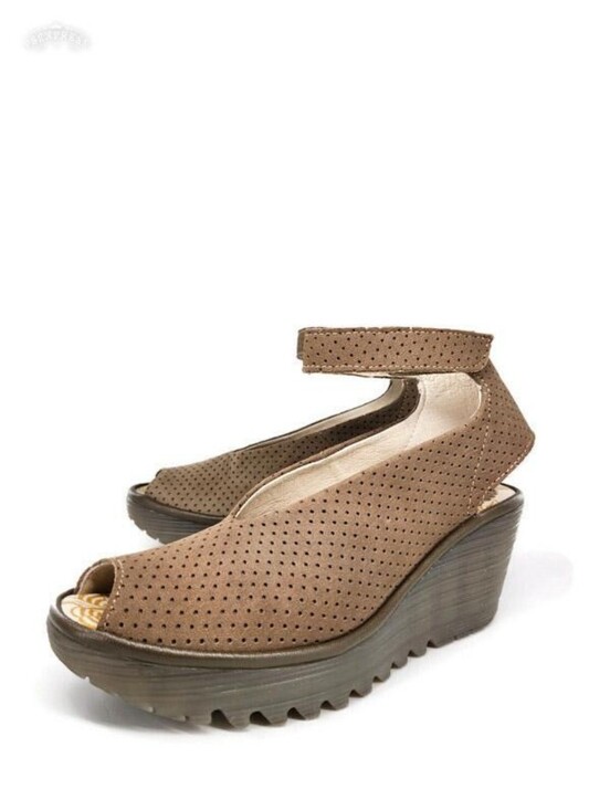 Fly London Shoes - Fly London Yala Taupe Perforated Leather Ankle Strap Peep-Toe Wedge Heel Sandals